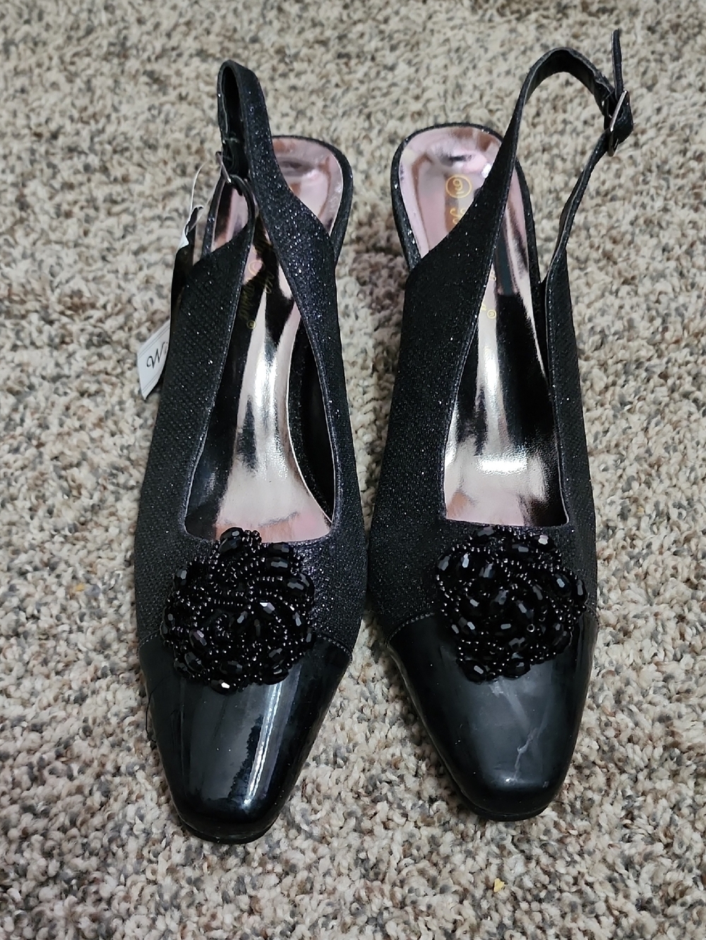 Women's Black Slingback Heels with Beaded Flower Accent